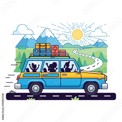 A family driving on a road trip in a vintage wagon with luggage on the roof
