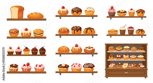Multiple wooden shelves are filled with a delicious variety of fresh bread loaves, muffins, cupcakes, and sweet pastries.