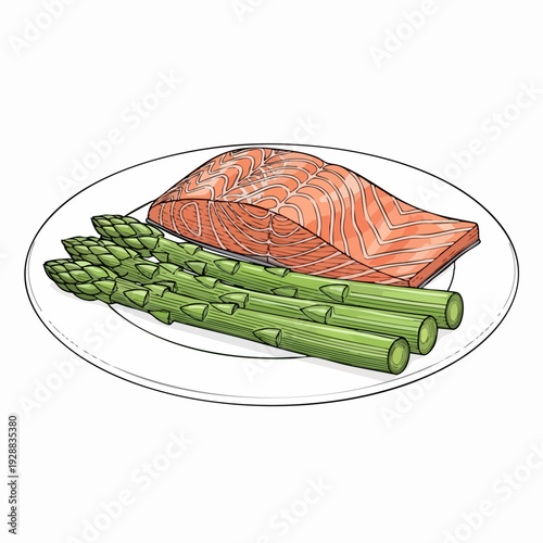 Salmon fillet with asparagus on plate.