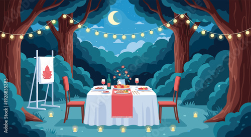 Romantic outdoor dinner table for two is set under a full moon and glowing string lights in a beautiful evening forest clearing.
