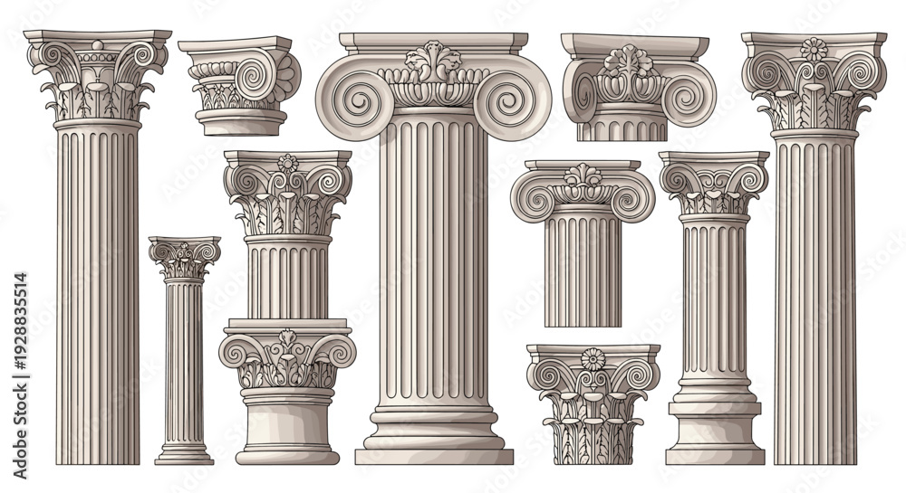 Obraz premium Detailed selection of classical architectural columns and capitals showcasing various ornate Greek and Roman structural styles.