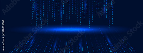 Futuristic binary code Rain in blue. Abstract matrix and computer background. Technology and security information with cyber depth and science fiction art. Vector illustration.