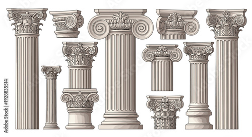 Detailed selection of classical architectural columns and capitals showcasing various ornate Greek and Roman structural styles.