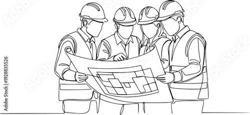 Construction Team Reviewing Blueprint – Engineer and Architect Line Art Vector