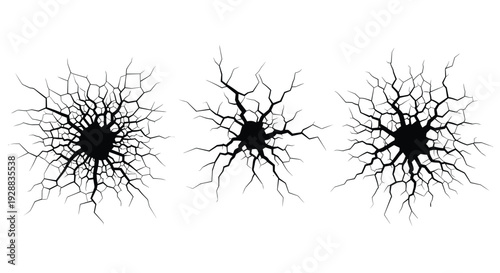 Set of three black and white cracked surface patterns resembling shattered glass or dry ground impacts isolated on a white background.