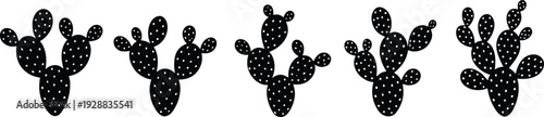 Cactus progression silhouette illustration, black vector artwork showing segmented desert plant growth stages, botanical design for nature and educational use