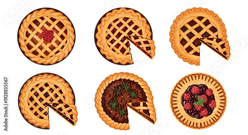 Delectable assortment of whole and sliced berry pies with lattice crusts and fruit fillings isolated on a plain white background.
