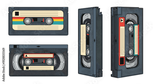 Retro collection of VHS cassette tapes shown from multiple perspectives featuring colorful vintage label designs for nostalgia.