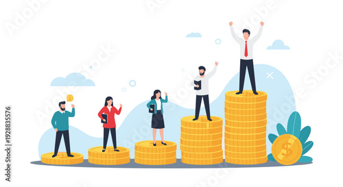 Diverse business professionals standing on increasingly taller stacks of gold coins representing continuous financial growth.