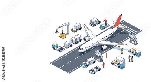 Isometric illustration of an airplane on the airport runway surrounded by ground support vehicles and heavy cargo equipment.