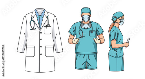 Collection of medical professional attire featuring a white lab coat and blue surgical scrubs with various clinical accessories.
