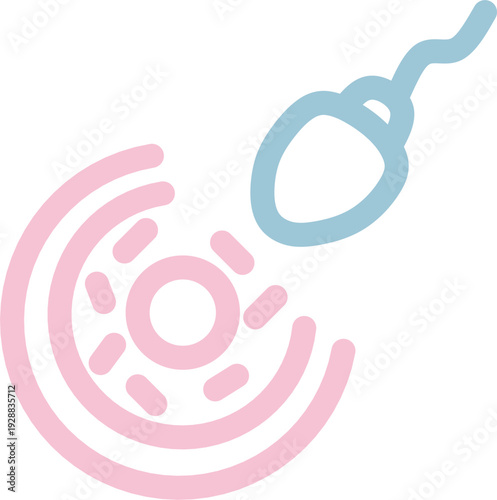 Human fertilization icon with blue sperm cell swimming to pink egg, reproduction and pregnancy medical vector illustration, minimalist line art color.
