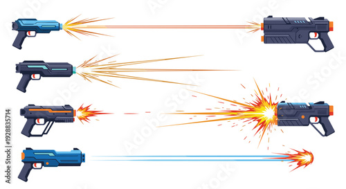 Dynamic array of futuristic sci-fi laser blasters firing energy beams with bright muzzle flashes and colorful glowing sparks.