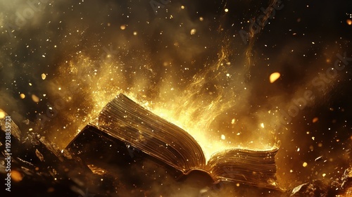 An antique open book emits glowing magical golden particles and abstract light, symbolizing profound knowledge and ancient wisdom.
