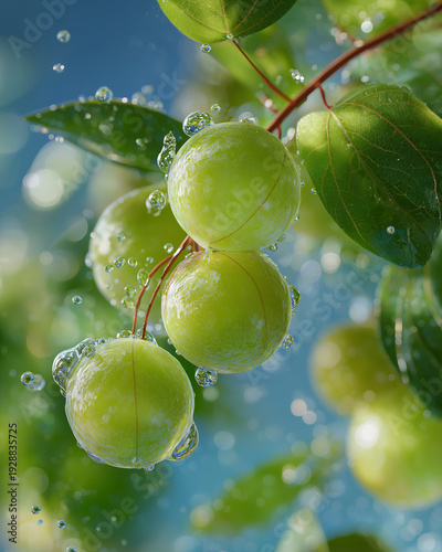 Wallpaper Mural Refreshing Amla Shower: Close-up of vibrant green amla fruit glistening with droplets of water, fresh from the tree, captured against a background of lush foliage. Torontodigital.ca