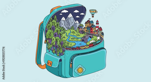 A fantasy world spilling from a backpack. Mountains, train, trees, buildings, and a cup
