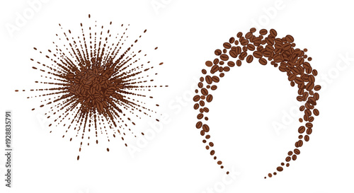Creative arrangement of roasted coffee beans in a dynamic sunburst pattern and a half-ring shape on a clean white background.