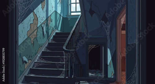 Spooky interior of an abandoned house featuring a decaying wooden staircase with dusty cobwebs and peeling old wallpaper.