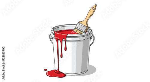 White plastic bucket overflowing with bright red paint and a wooden handled brush resting inside for home renovation tasks.