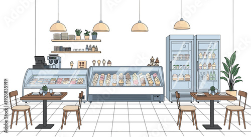 Inviting interior of a modern ice cream shop featuring glass display cases, small tables, and several cozy hanging lamps.