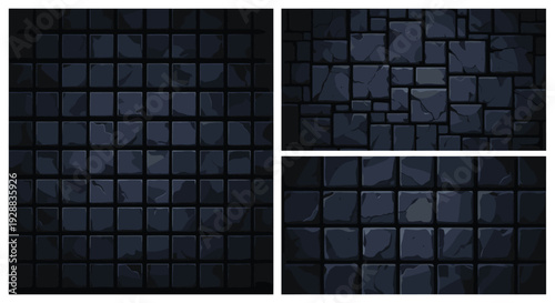 Collection of three dark stone wall textures featuring square and irregular rectangular tile patterns for graphic backgrounds.