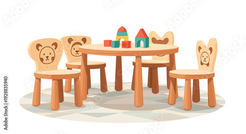 Different perspective of bear-themed wooden chairs and a round table for children with several colorful toy building blocks.