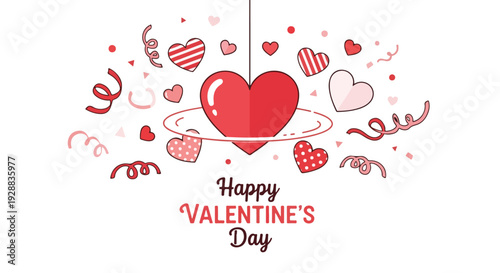 A festive design featuring a large heart, confetti, and the words "Happy Valentine's Day.