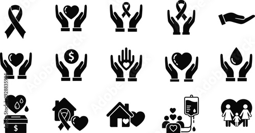 Charity and healthcare icons illustration, donation and support symbols, creative vector artwork, social awareness concept design