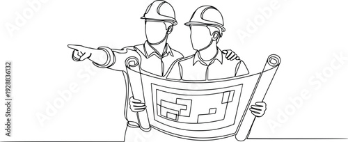 Construction Engineers Reviewing Blueprint Continuous Line Art Vector