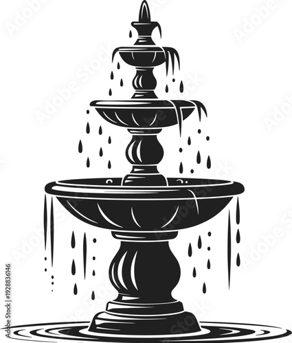Tiered water fountain silhouette vector illustration, elegant architectural design with cascading streams, ripples, and decorative motifs