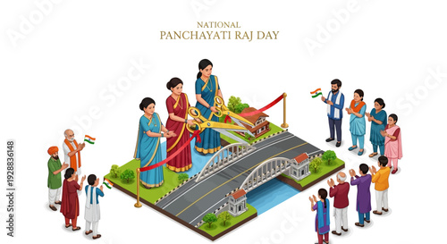 Illustration of people celebrating National Panchayati Raj Day with a bridge and road construction in a vibrant, colorful setting.