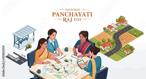 Illustration of people in a meeting for National Panchayati Raj Day with a village and road in the background, symbolizing local governance and rural development.