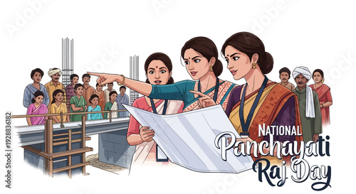 Illustration of women participating in a community meeting on National Panchayati Raj Day with diverse crowd and civic engagement in a rural Indian setting.