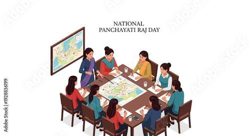Illustration of a diverse group of people gathered around a table with a large map, discussing and planning for local governance on National Panchayati Raj Day, with a focus on community