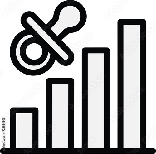 Baby pacifier icon over growing bar chart representing childcare market growth and parenting business analytics concept illustration vector line art