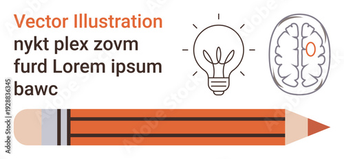 Education, creativity, learning, innovation, design, brainstorming. Pencil with light bulb and brain illustration. Education and creativity concept highlighting innovation and learning ideas