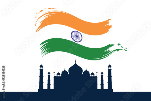 India flag illustration with Taj Mahal silhouette in background