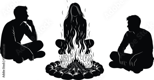 Black Silhouettes of People Sitting by a Campfire Featuring a Meditating Woman in Flames and Two Men Relaxing Isolated on a White Background