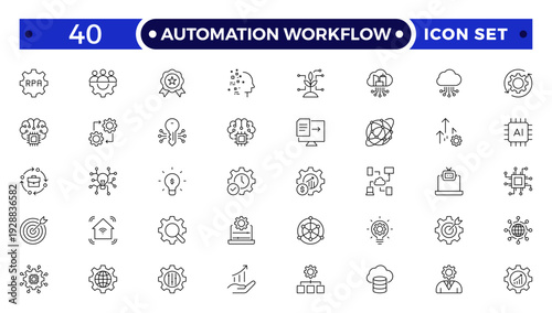 Automation Workflow outline icon set. Contain icons related to digitalization, digital services, internet, cloud computing, technology, robotic AI, cloud data, and task management and more.