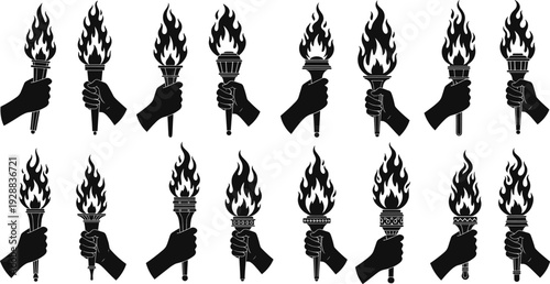 Burning Torch Silhouette Set Vector Illustration with Hand Holding Flame Symbols, Black Fire Icons, and Freedom Concept Design