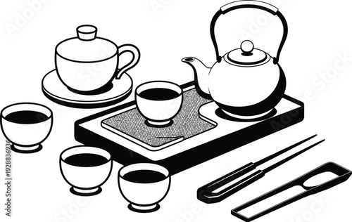 Traditional tea set vector illustration, cultural Asian ceremony design with teapot, cups, tray, chopsticks, and decorative motifs