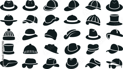 Various Fashion Hat Silhouette Icons Vector Black Headwear Set