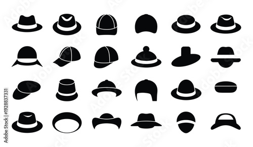 Various Fashion Hat Silhouette Icons Vector Black Headwear Set