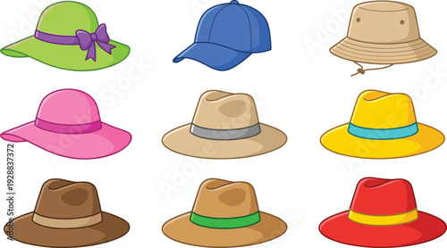 Colorful hat collection including sun hats, fedora and baseball cap styles, fashion headwear illustration isolated on light background for summer outfits, travel, and accessory design