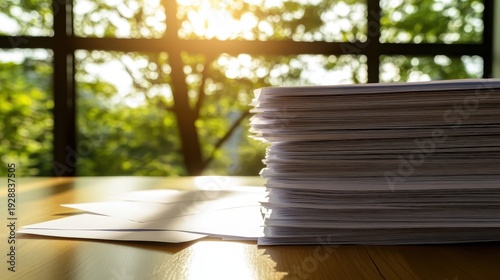 A stack of documents sits on a wooden desk bathed in warm natural sunlight with a lush green outdoor background