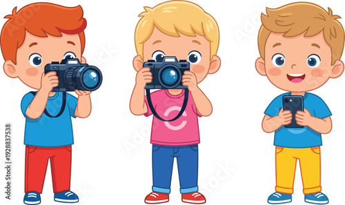 Cute children using camera and smartphone, young photographers capturing photos illustration isolated on light background, modern technology learning concept for kids creativity and digital lifestyle