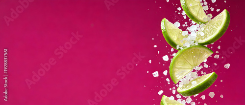 Wallpaper Mural Fresh lime slices with salt crystals splashing in vibrant pink background. Cocktail garnish ingredient for margarita drink. Cinco de Mayo fiesta concept and mexican celebration theme. banner format Torontodigital.ca