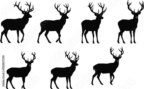 Vector illustration of stylized deer silhouettes with antlers in varied poses symbolizing wildlife, culture, tradition, and education