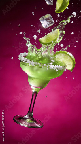 Wallpaper Mural Refreshing green margarita cocktail with lime wedges and ice splashing dynamically. Salt-rimmed glass on vibrant pink background. Traditional mexican drink concept for cinco de mayo fiesta Torontodigital.ca