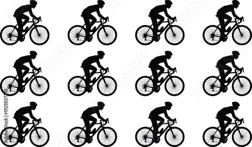 Cyclist silhouettes collection showing road bike riders in motion isolated on light background for cycling sport, endurance training, fitness performance and outdoor recreation concepts